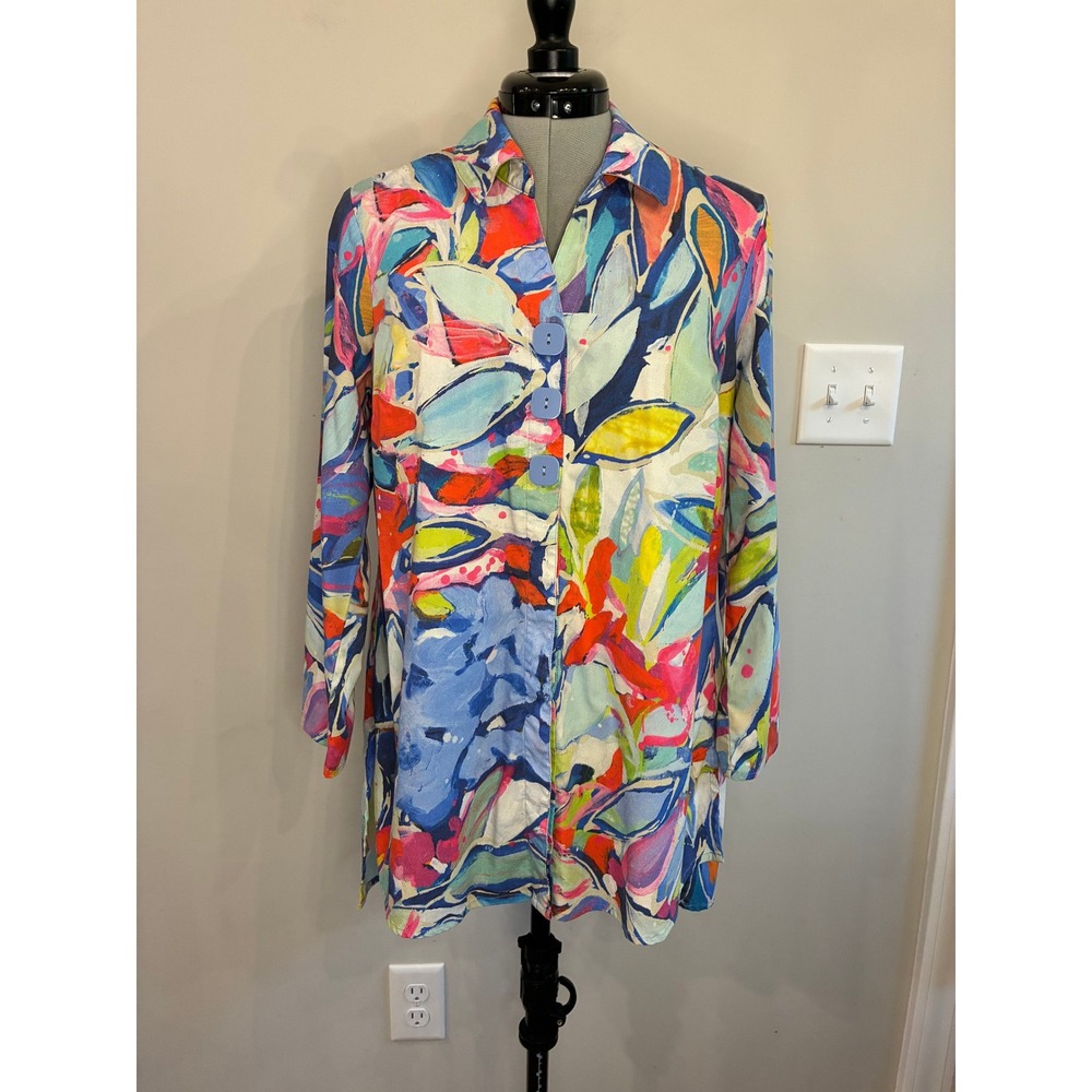 Claire Desjardins Abstract Floral Bamboo Blend Tunic Top Blue Pink Orange Med